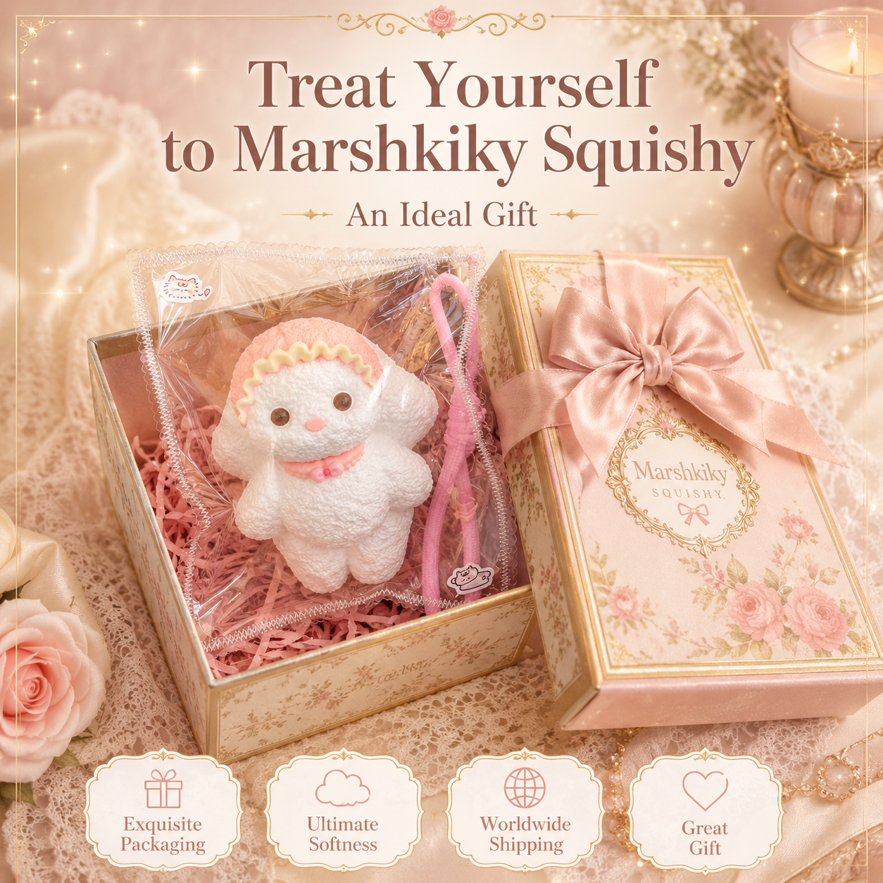 Pink Bunny Squishy Toy Food Grade Silicone Slow Rebound Stress Relief Sensory Fidget Toy with Lanyard Glossy Surface Squeeze Toy for Anxiety Relief Birthday Gift for Teens Kids Gift for Office Workers