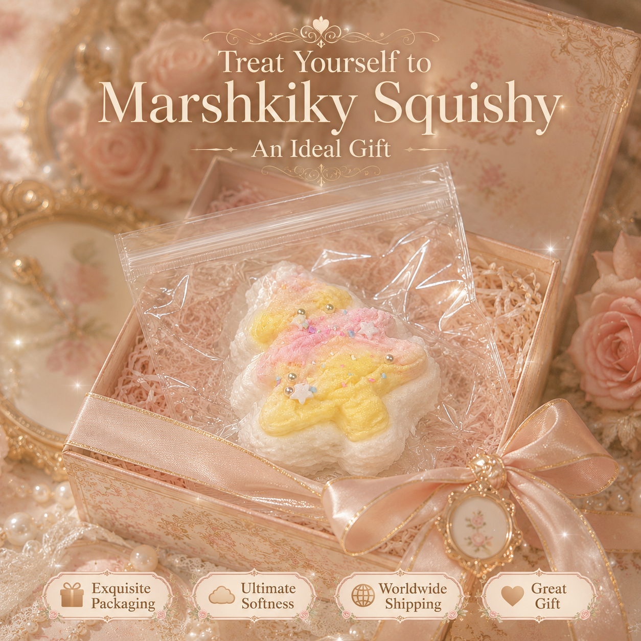 Pastel squishy toy presented in an exquisite pink gift box with a satin ribbon.