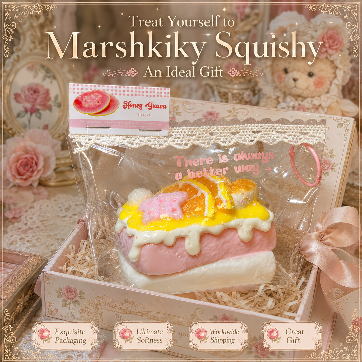 Honey Guava squishy beautifully nestled in a gift box with crinkle paper, ready for gifting.