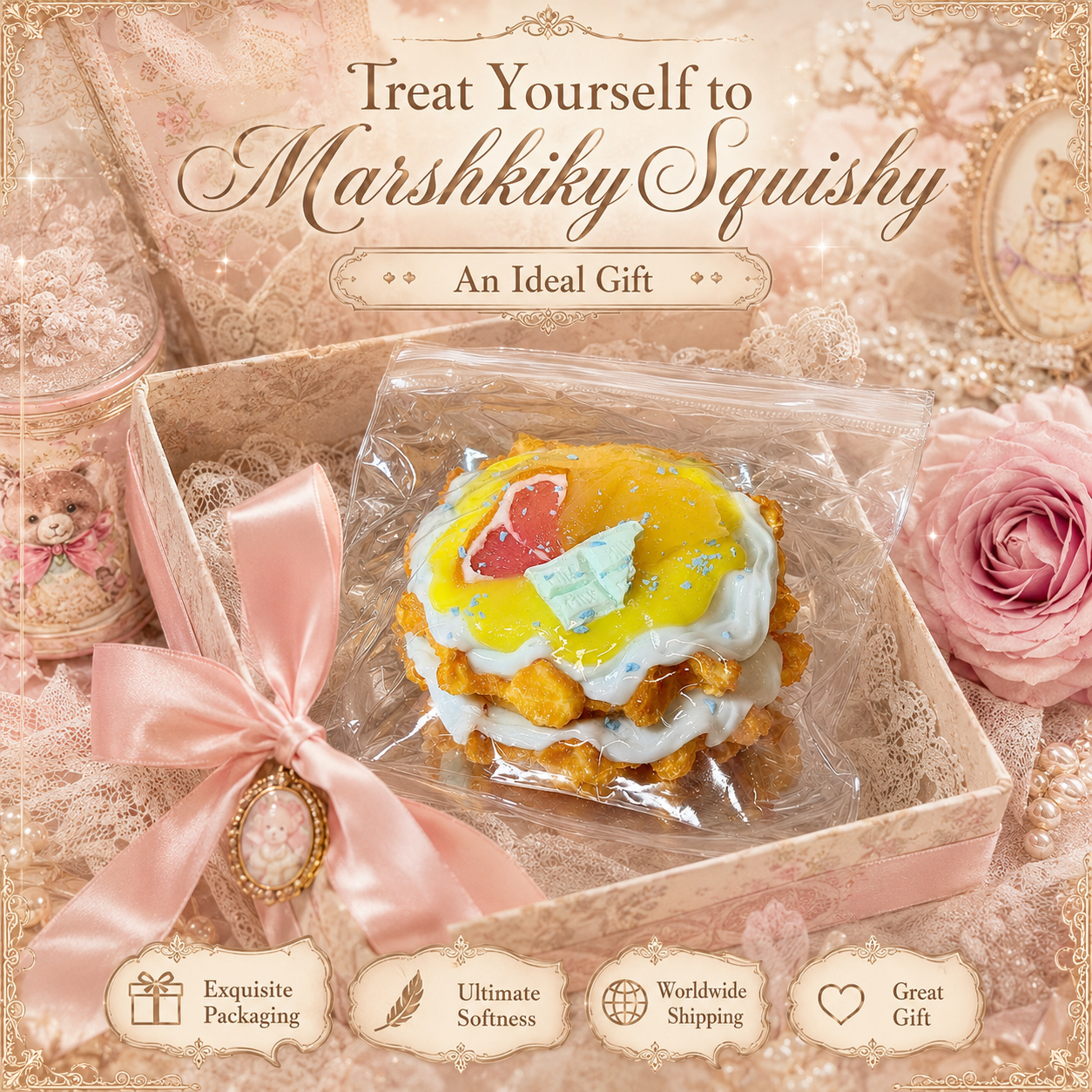 Marshkiky Squishy waffle toy in exquisite gift box packaging with a pink ribbon, perfect as an ideal gift.