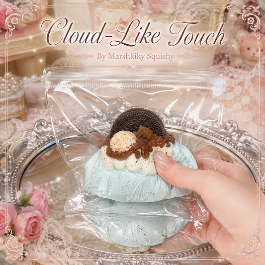 Hand squeezing a soft blue croissant squishy toy inside a clear bag to show its cloud-like touch and slow rebound.