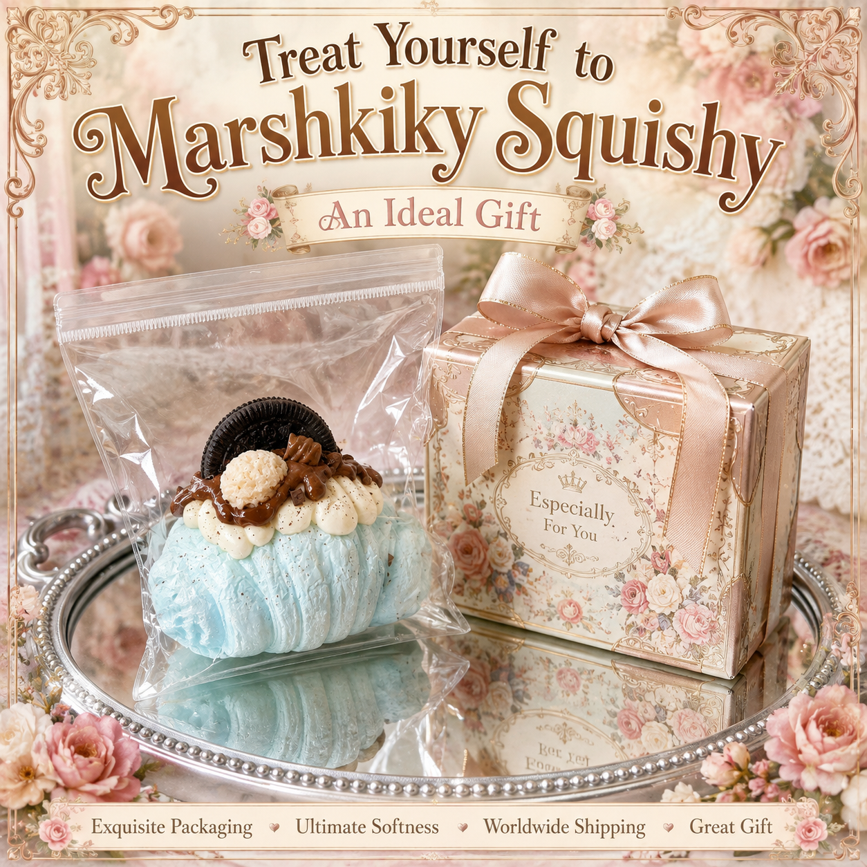 The packaged dessert squishy next to an exquisite floral gift box with a pink ribbon, making it an ideal gift.