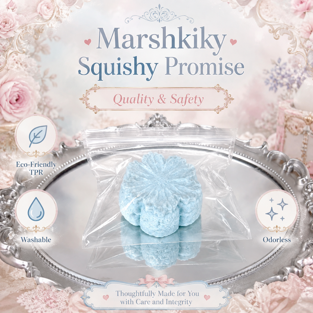 Quality and safety promises for the blue squishy toy, highlighting it is made of Eco-Friendly TPR, washable, and odorles