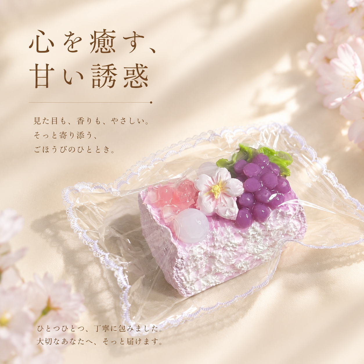Pink cake squishy toy in a candy-style lace-trimmed clear pouch, cherry blossom branches blurred in the background