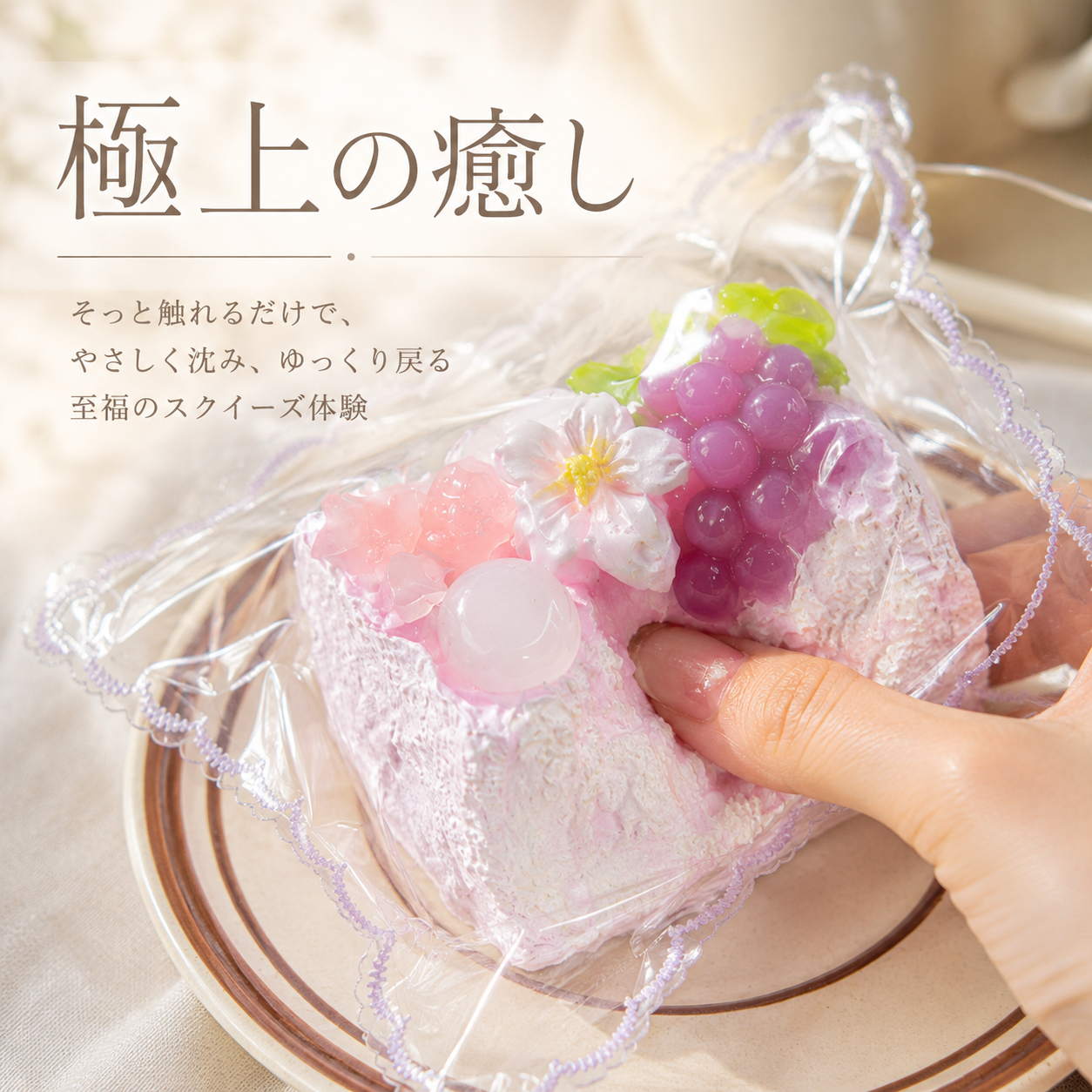 Hand pressing a cherry blossom and grape cake squishy toy in lace-trimmed clear packaging on a white plate