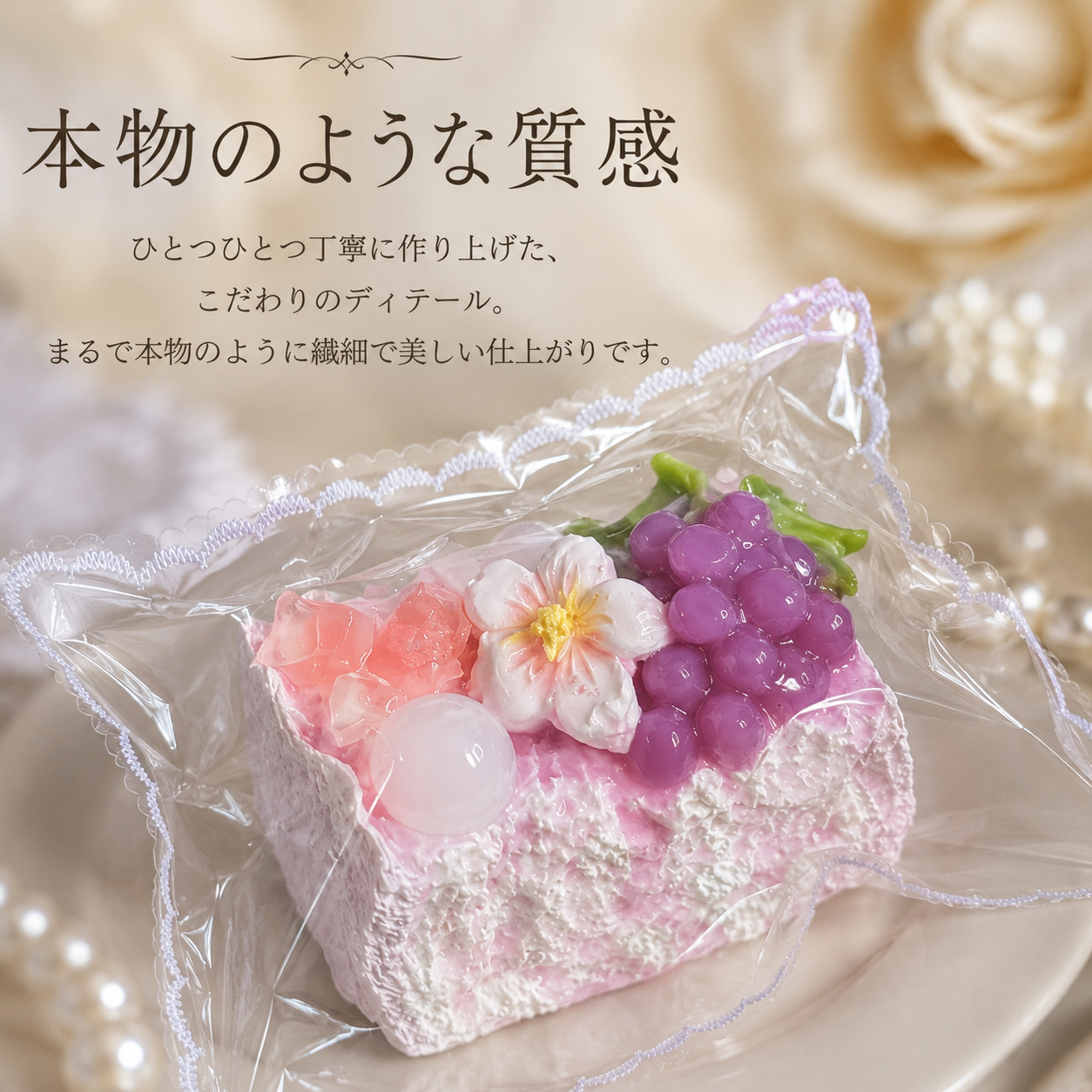 Close-up of a cake squishy toy on a plate showing glossy purple grapes, cherry blossoms, and sponge-like texture