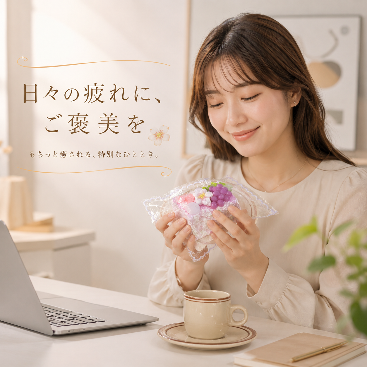 Woman holding a cake squishy toy with both hands, eyes closed and smiling at a desk with a laptop, enjoying a relaxing moment