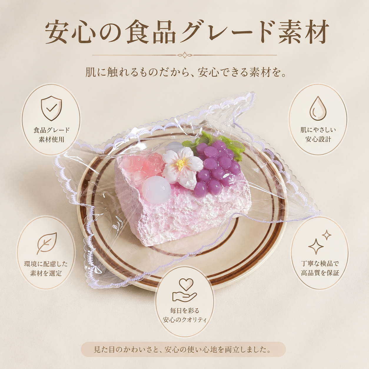 Packaged cake squishy toy on a plate in the center surrounded by five round icon labels on a plain beige background