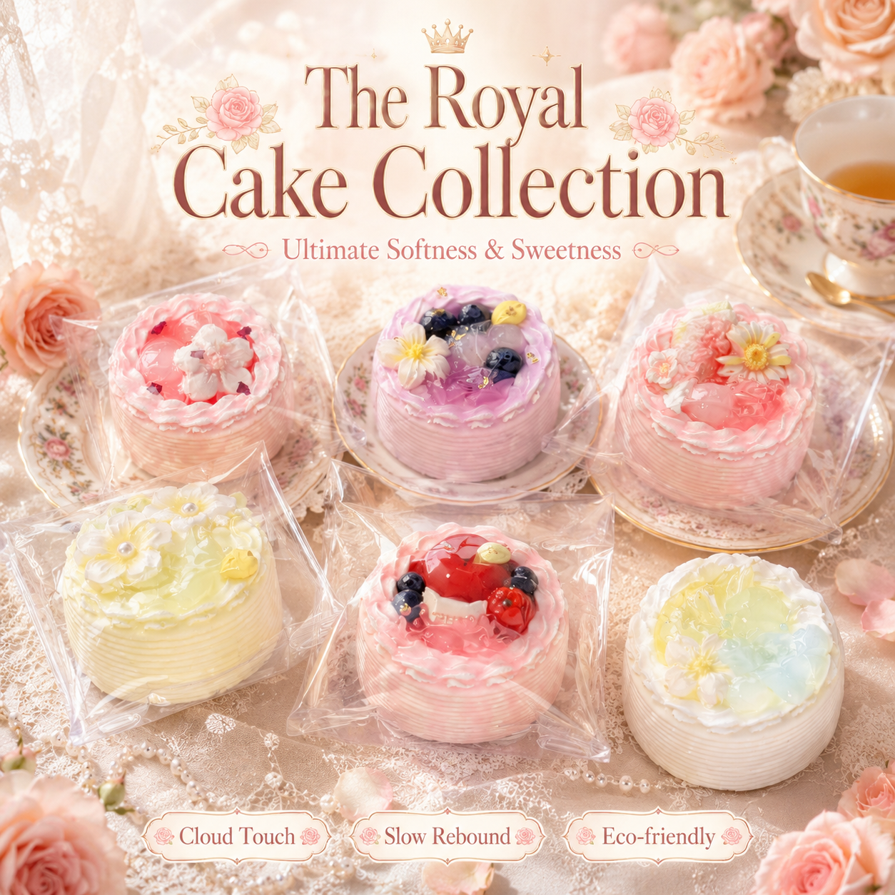 Collection of 6 realistic soft mini cake squishy toys wrapped in clear bags, displayed on vintage saucers with roses.