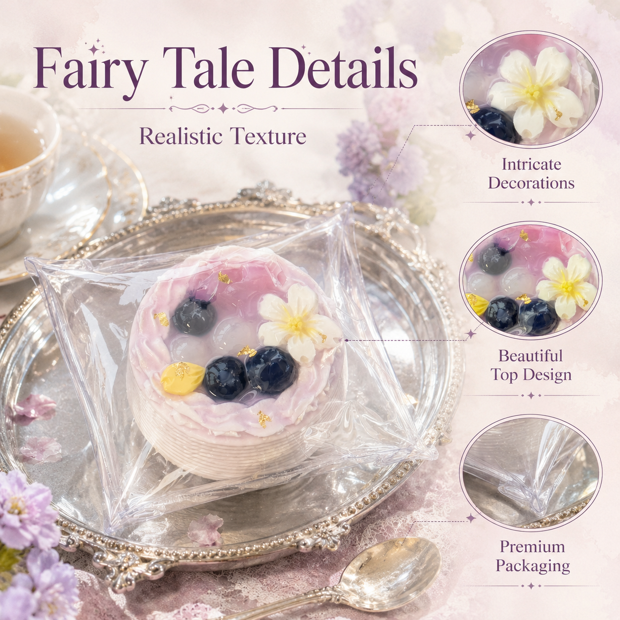 Detailed view of a purple blueberry cake squishy on a silver tray highlighting its realistic texture and intricate decor
