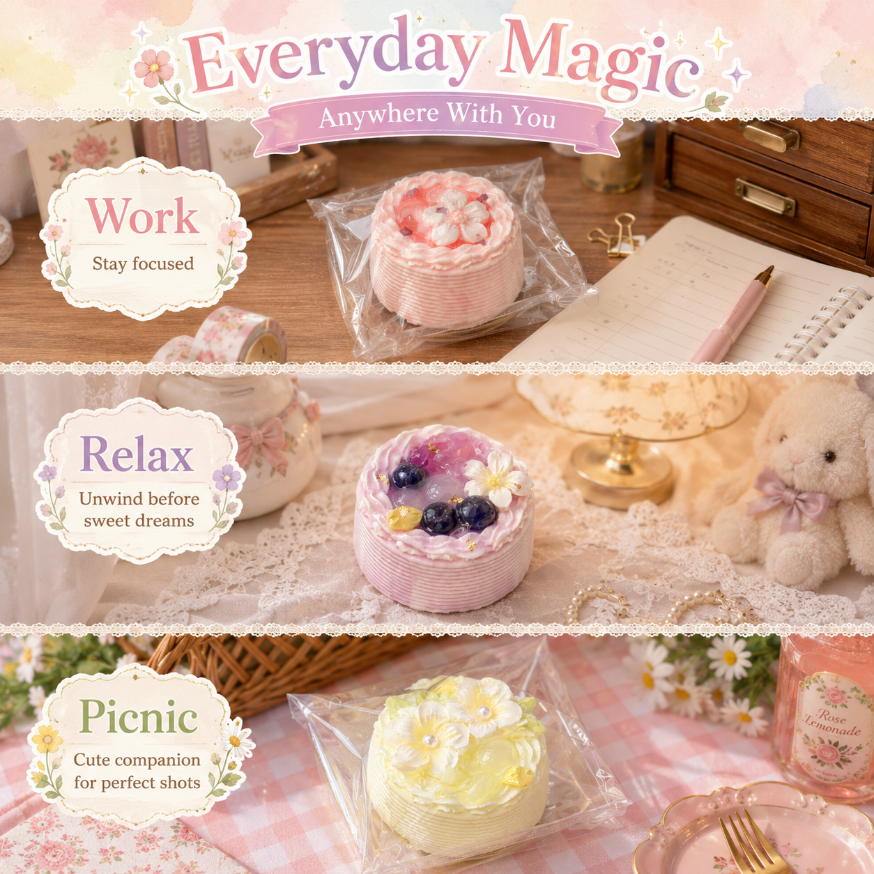 Three lifestyle scenes showing cake squishies used for staying focused at work, relaxing at night, and as picnic photo p
