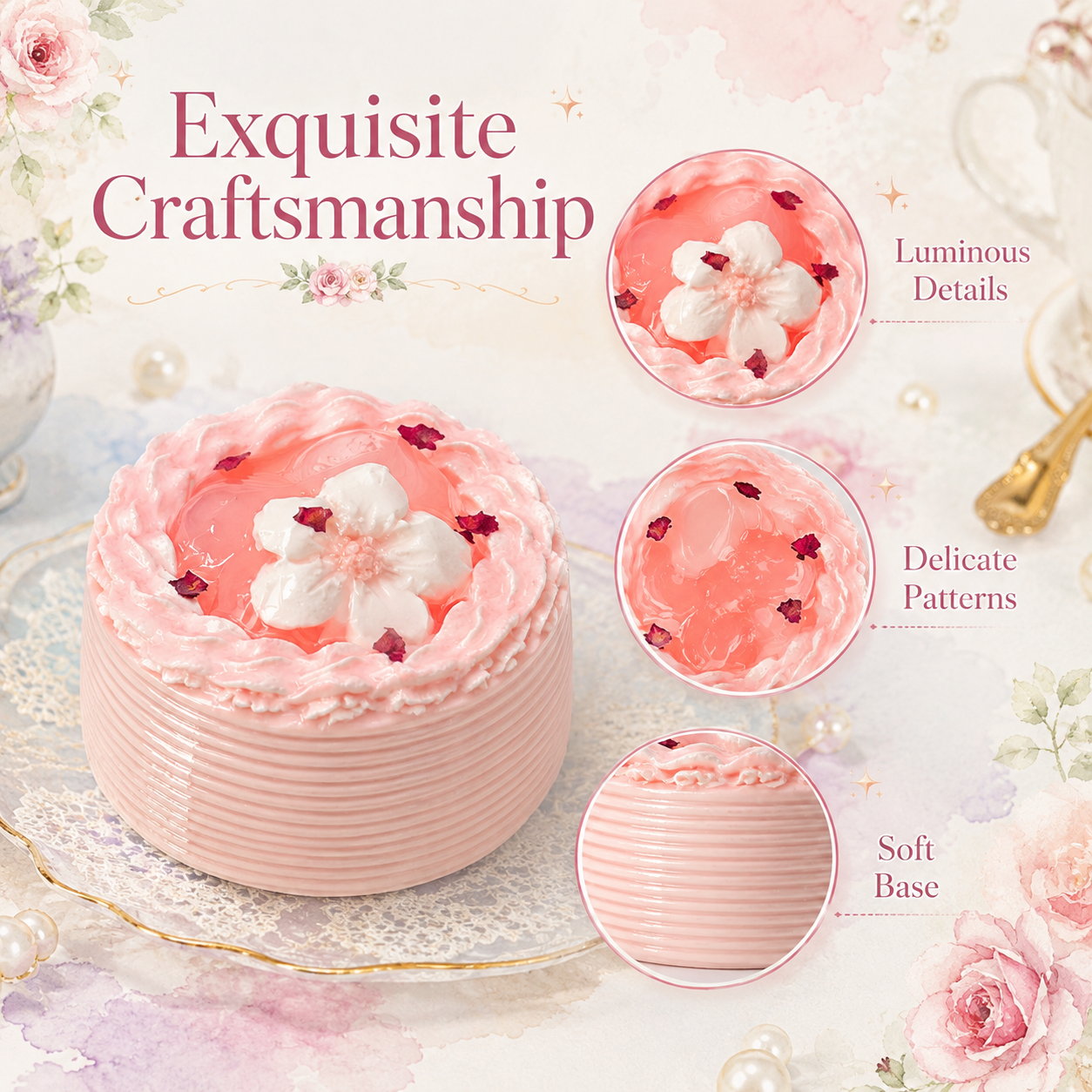 Close-up details of a pink sakura cake squishy outside its packaging, showing its luminous jelly, delicate patterns, and