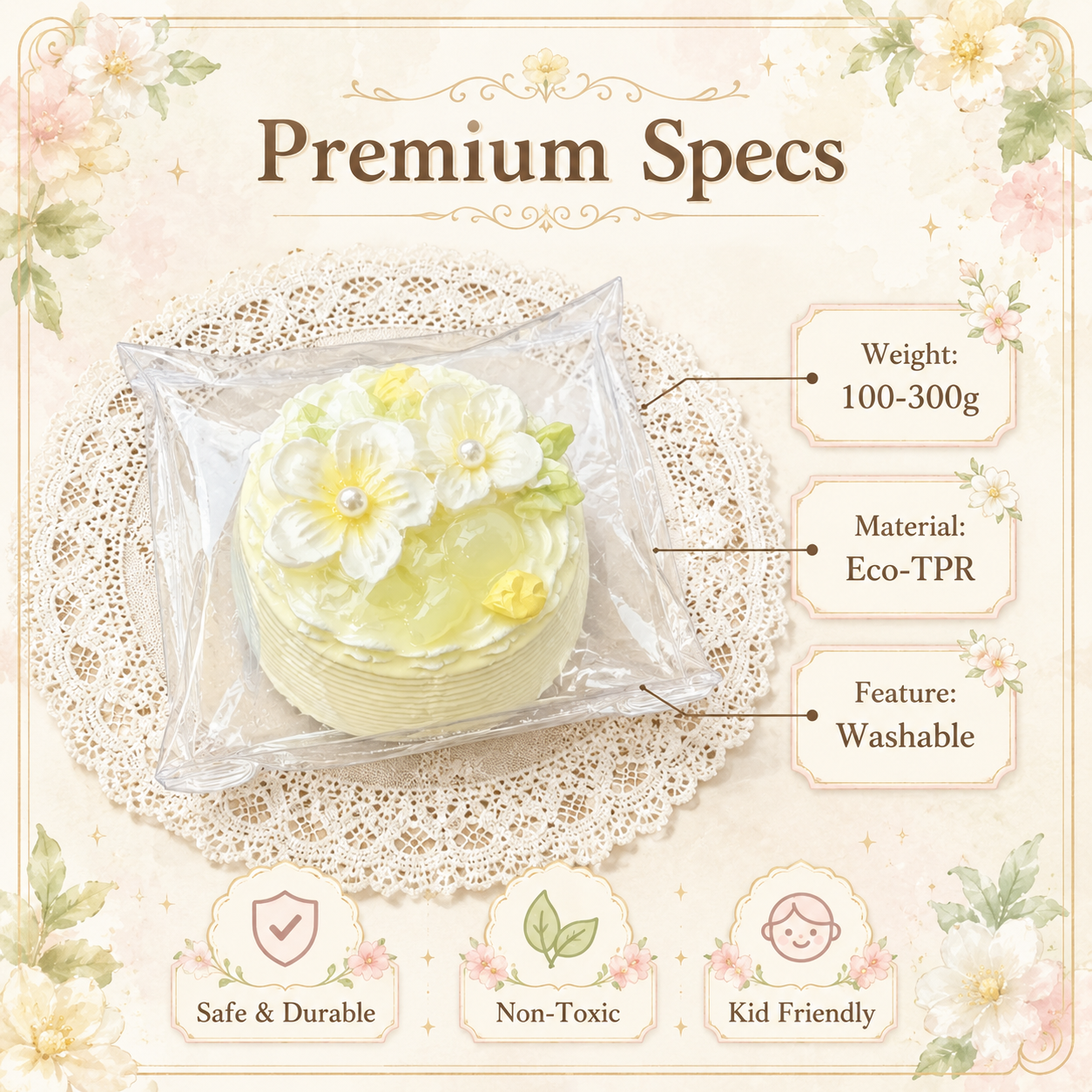 Premium specifications of the yellow cake squishy, indicating it is made of eco-TPR material, weighs 100-300g, and is wa
