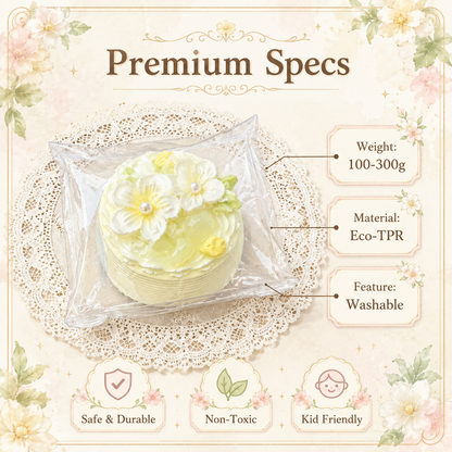 Premium specifications of the yellow cake squishy, indicating it is made of eco-TPR material, weighs 100-300g, and is wa