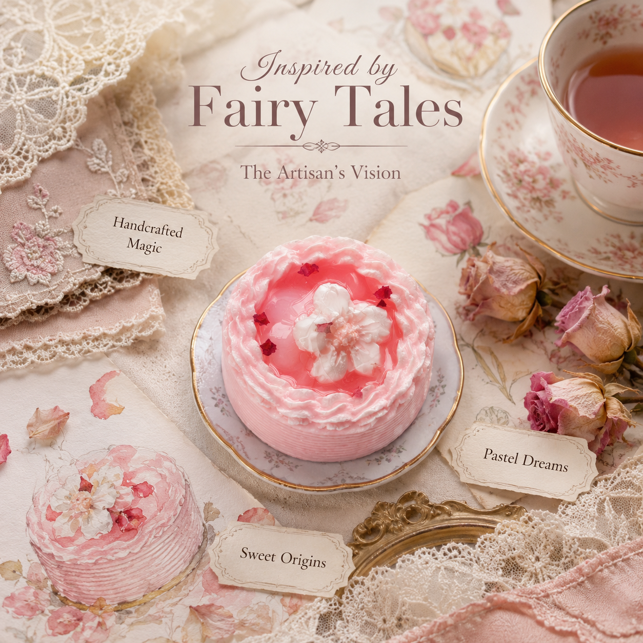 Aesthetic flat lay of pink sakura cake squishies surrounded by dried roses, lace, and a teacup showcasing a fairy tale v