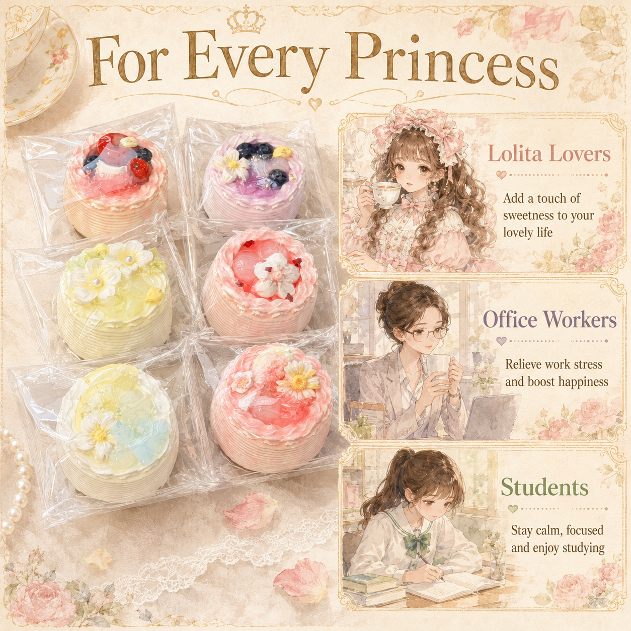 Six cake squishy variants shown next to illustrations of a Lolita girl, an office worker, and a student, highlighting th