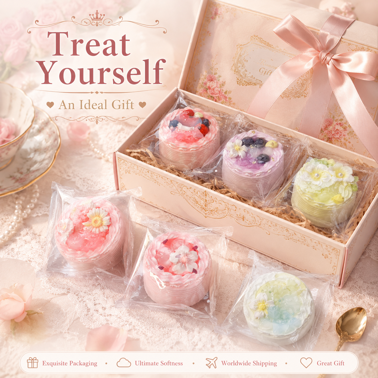 Three cake squishy toys packaged in a beautiful pink gift box with ribbon, alongside three others on a lace tablecloth.