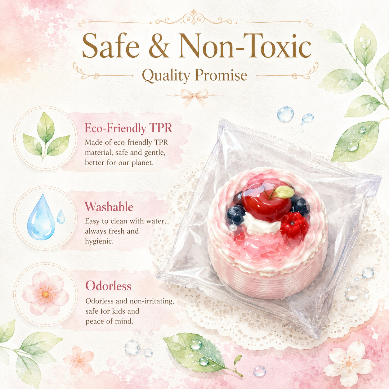 Red apple cake squishy displaying safety facts like eco-friendly TPR material, washable features, and being completely o