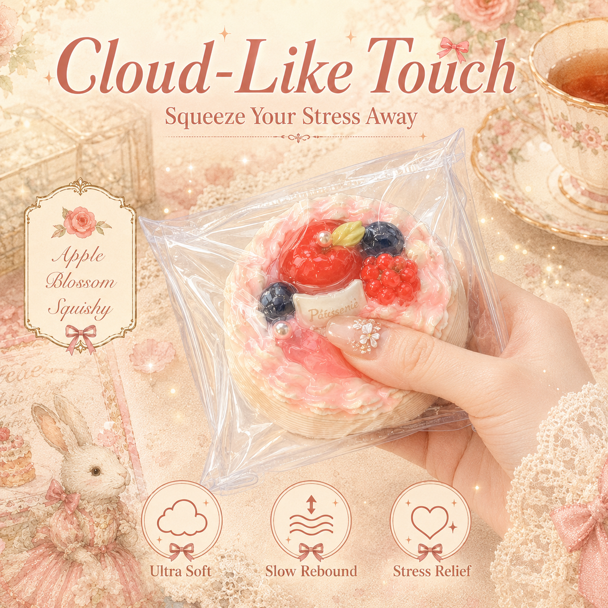Hand squeezing a soft red apple mini cake squishy in a plastic bag, demonstrating its slow rebound and cloud-like textur