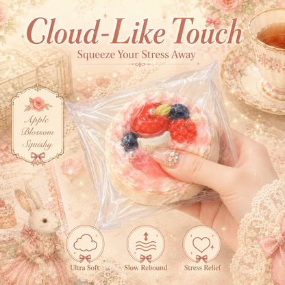 Hand squeezing a soft red apple mini cake squishy in a plastic bag, demonstrating its slow rebound and cloud-like textur