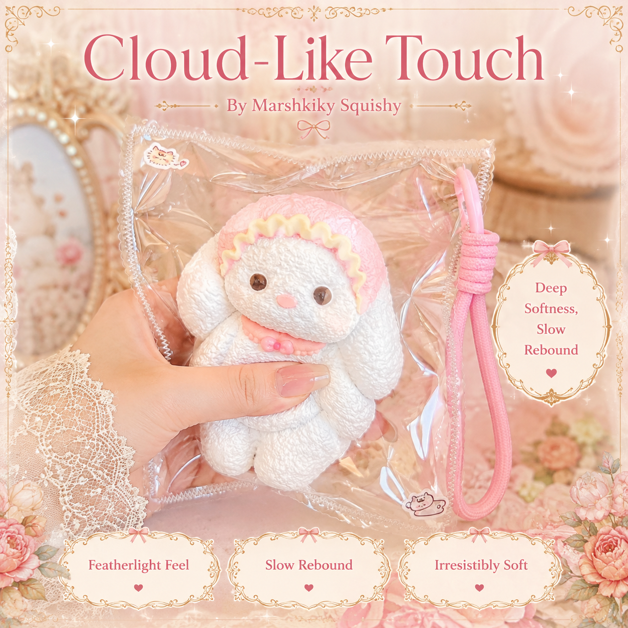 Pink Bunny Squishy Toy Food Grade Silicone Slow Rebound Stress Relief Sensory Fidget Toy with Lanyard Glossy Surface Squeeze Toy for Anxiety Relief Birthday Gift for Teens Kids Gift for Office Workers