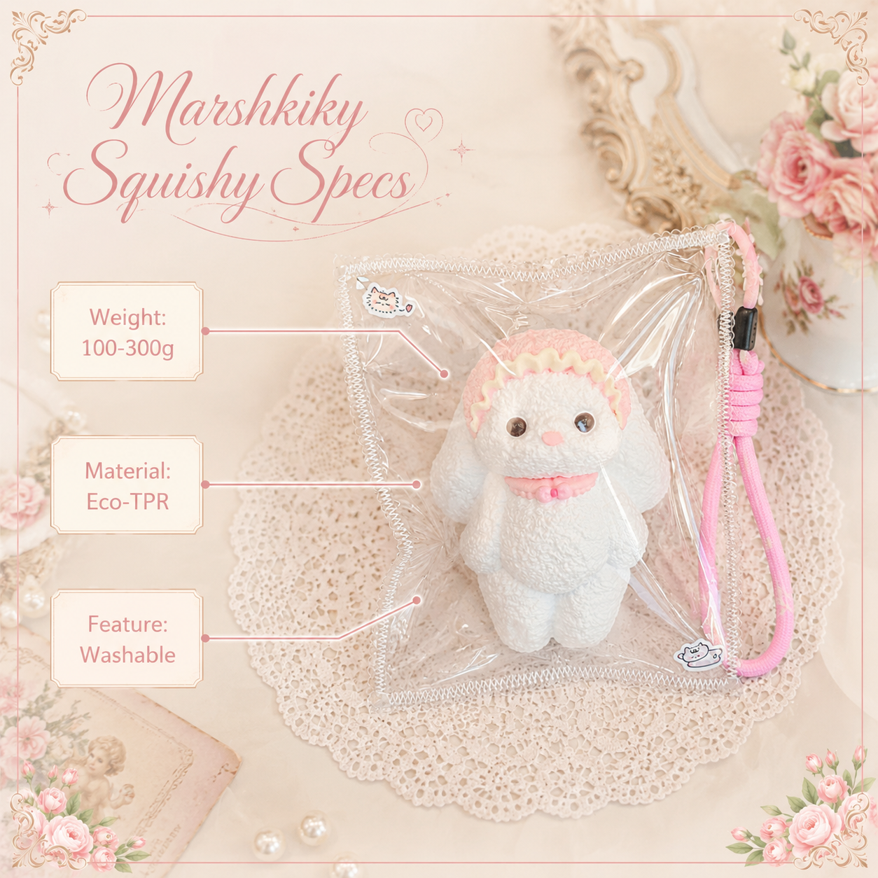Pink Bunny Squishy Toy Food Grade Silicone Slow Rebound Stress Relief Sensory Fidget Toy with Lanyard Glossy Surface Squeeze Toy for Anxiety Relief Birthday Gift for Teens Kids Gift for Office Workers