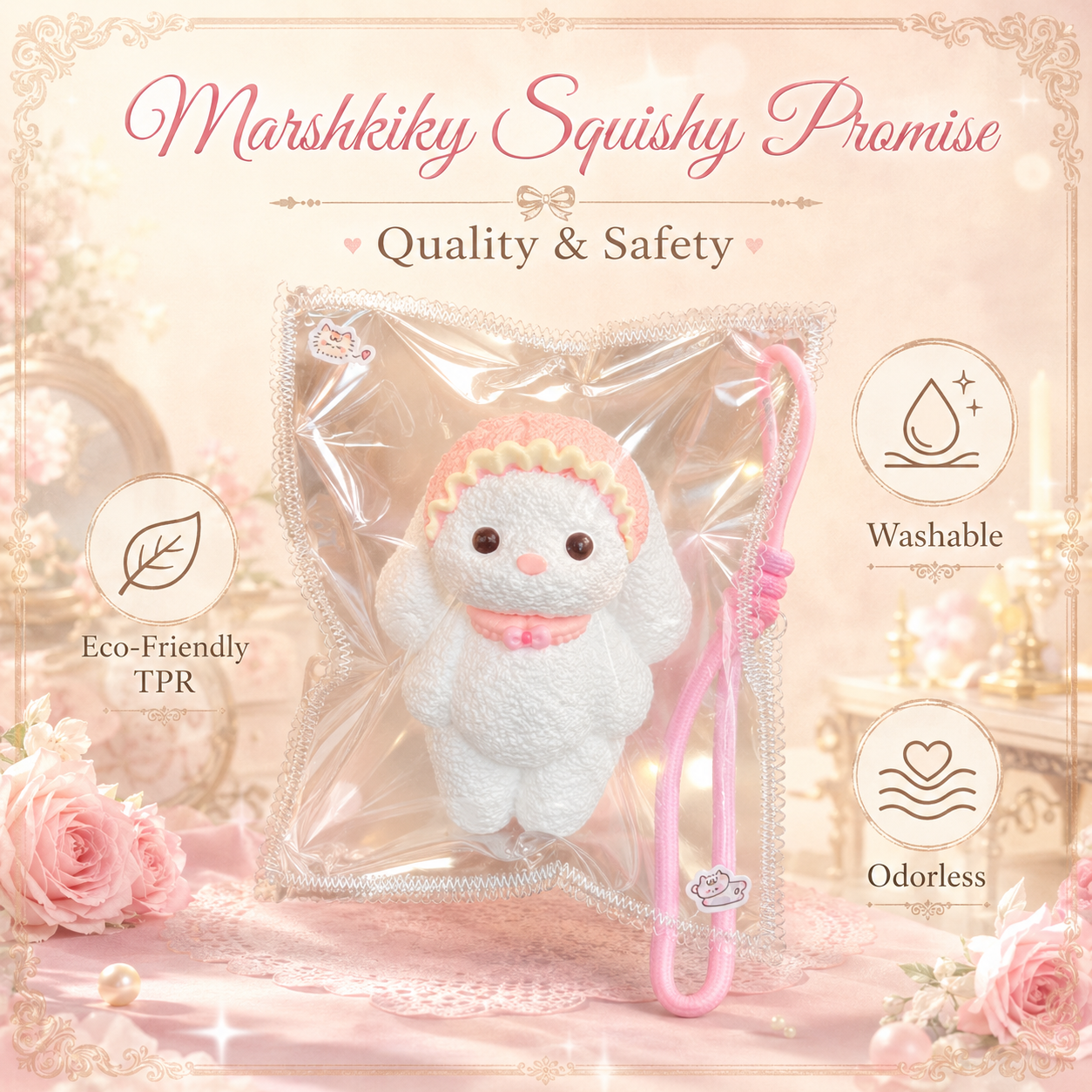 Pink Bunny Squishy Toy Food Grade Silicone Slow Rebound Stress Relief Sensory Fidget Toy with Lanyard Glossy Surface Squeeze Toy for Anxiety Relief Birthday Gift for Teens Kids Gift for Office Workers