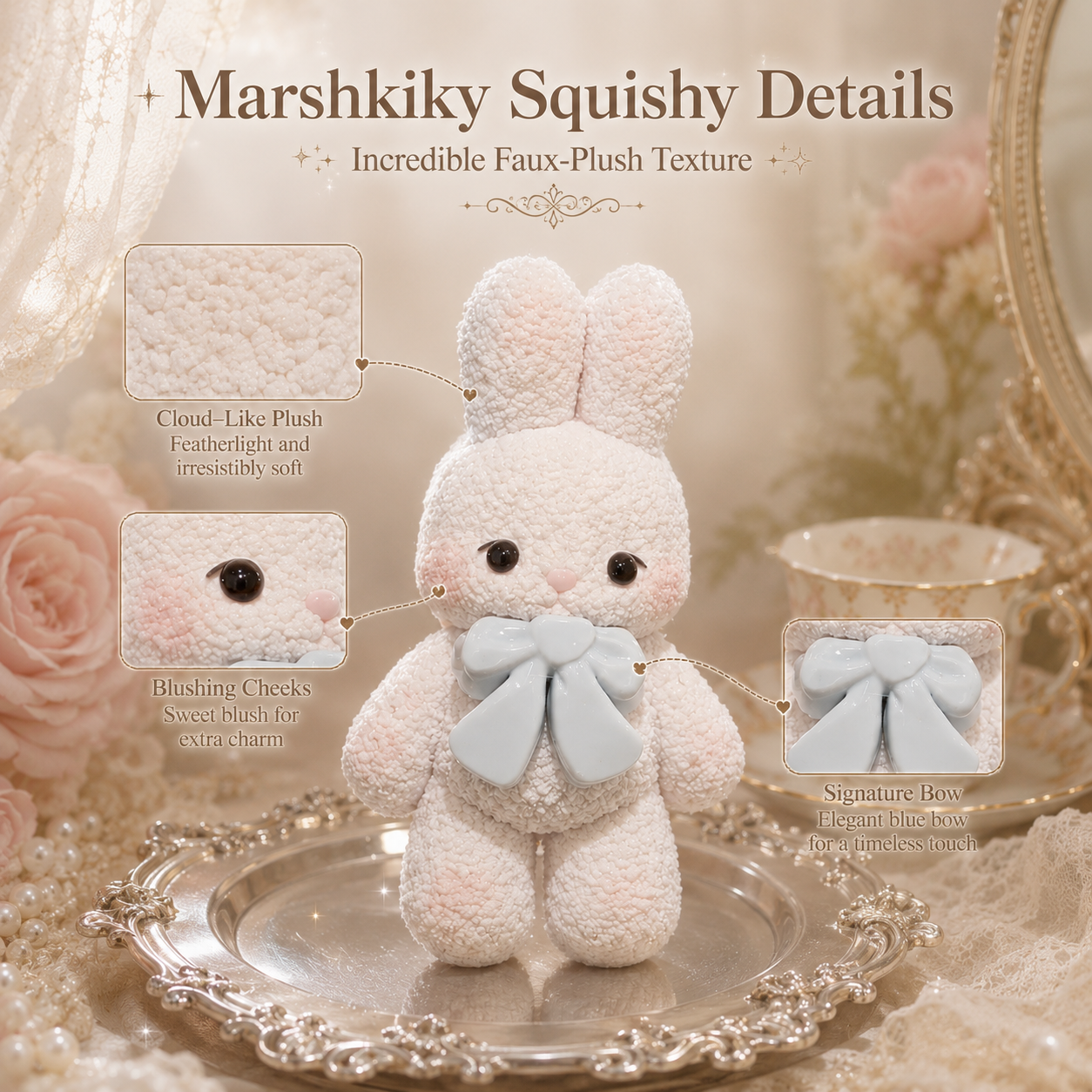 Silicone Bunny Squishy Toy Cute Stress Relief Fidget Animal Toy For Adults And Teens Food Grade Silicone Anxiety Relief Items White With Blue Bow Christmas Stocking Stuffers Birthday Gift For Women And Friends For Desk Use