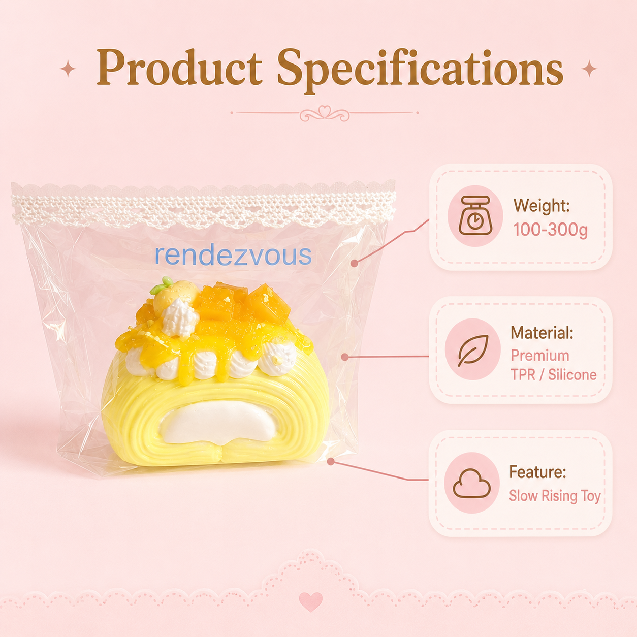 Specification panel of the Swiss roll squishy with icons for Weight 100-300g, Material Premium TPR/Silicone, and Feature Slow Rising Toy