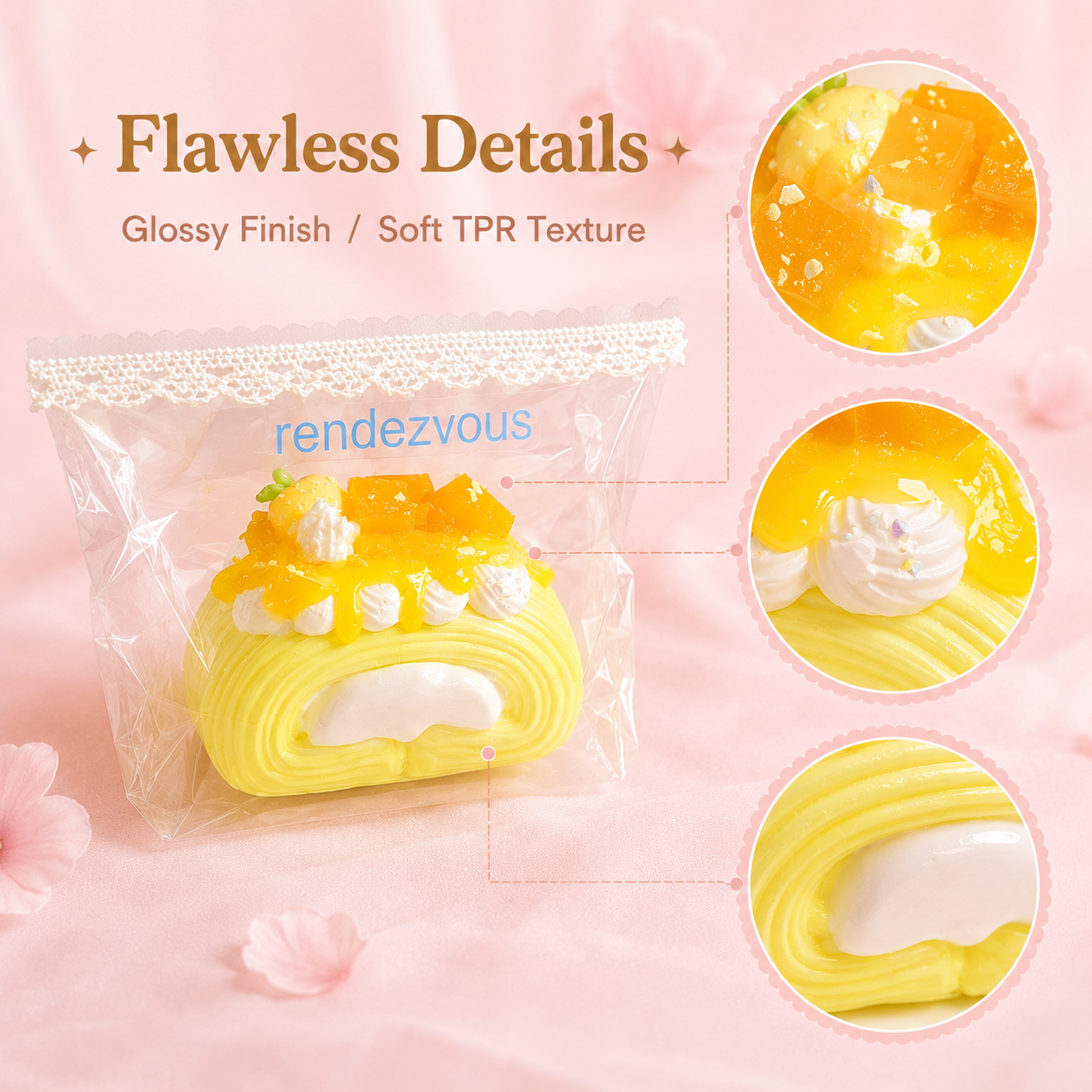 Main image of the mango Swiss roll squishy in its pouch with three circular close-ups showing fruit topping, cream swirl, and white filling