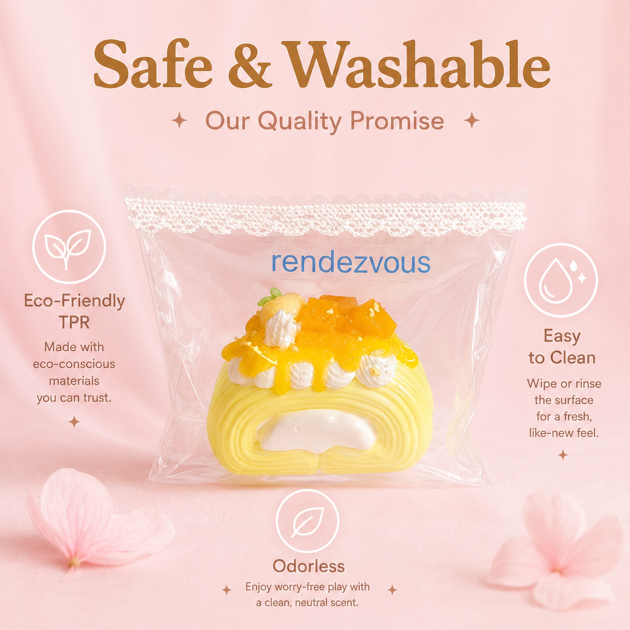 Icon panel of the Swiss roll squishy with leaf, water-drop, and leaf icons labeled Eco-Friendly TPR, Easy to Clean, and Odorless under a Safe & Washable headline
