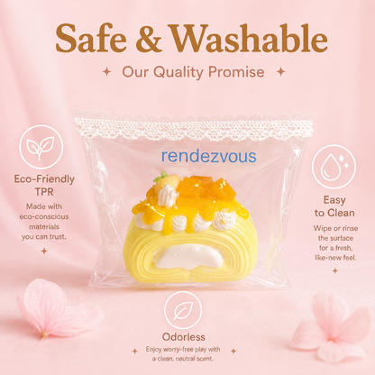 Icon panel of the Swiss roll squishy with leaf, water-drop, and leaf icons labeled Eco-Friendly TPR, Easy to Clean, and Odorless under a Safe & Washable headline