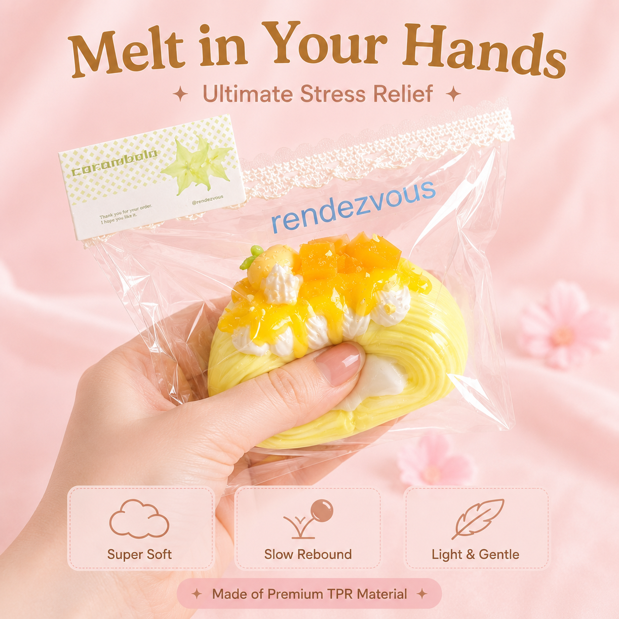 Hand squeezing the pouch-wrapped Swiss roll squishy so it visibly deforms, with labels Super Soft, Slow Rebound, and Light & Gentle