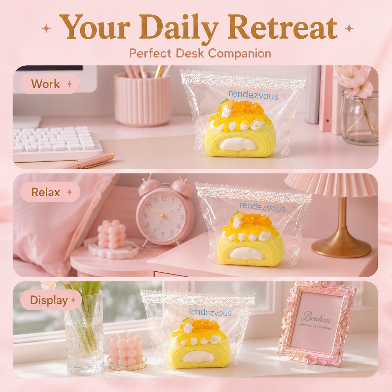 Three-scene panel showing the squishy at a work desk with keyboard, on a nightstand with alarm clock, and on a windowsill with vase and photo frame