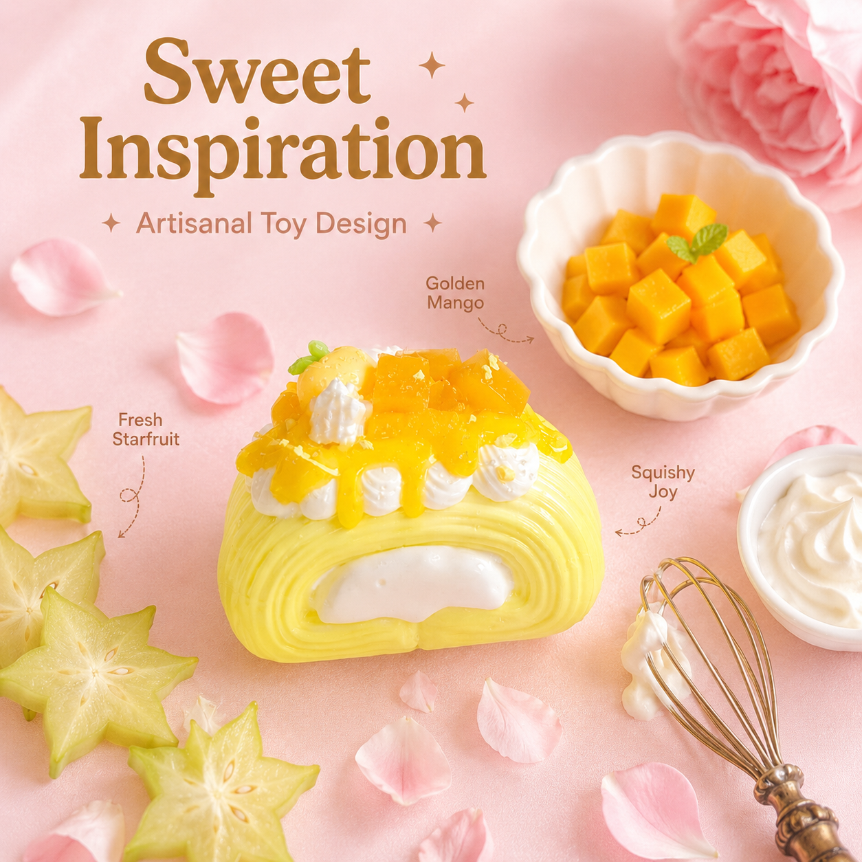 Swiss roll squishy beside real starfruit, golden mango chunks, and a bowl of cream with a whisk, showing the lifelike food-inspired design
