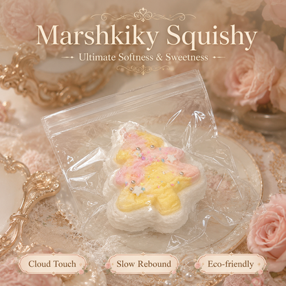 Soft Marshkiky Squishy toy in clear packaging surrounded by romantic pink roses.