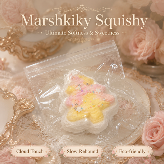 Soft Marshkiky Squishy toy in clear packaging surrounded by romantic pink roses.