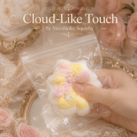 Hand squeezing a pastel Marshkiky squishy toy in a bag to show its cloud-like touch.