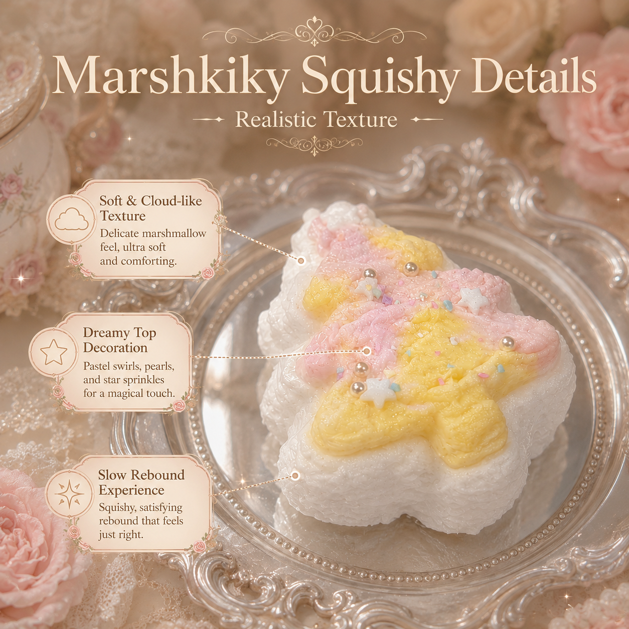 Detailed view of squishy toy showing pastel swirls, pearls, and realistic texture.
