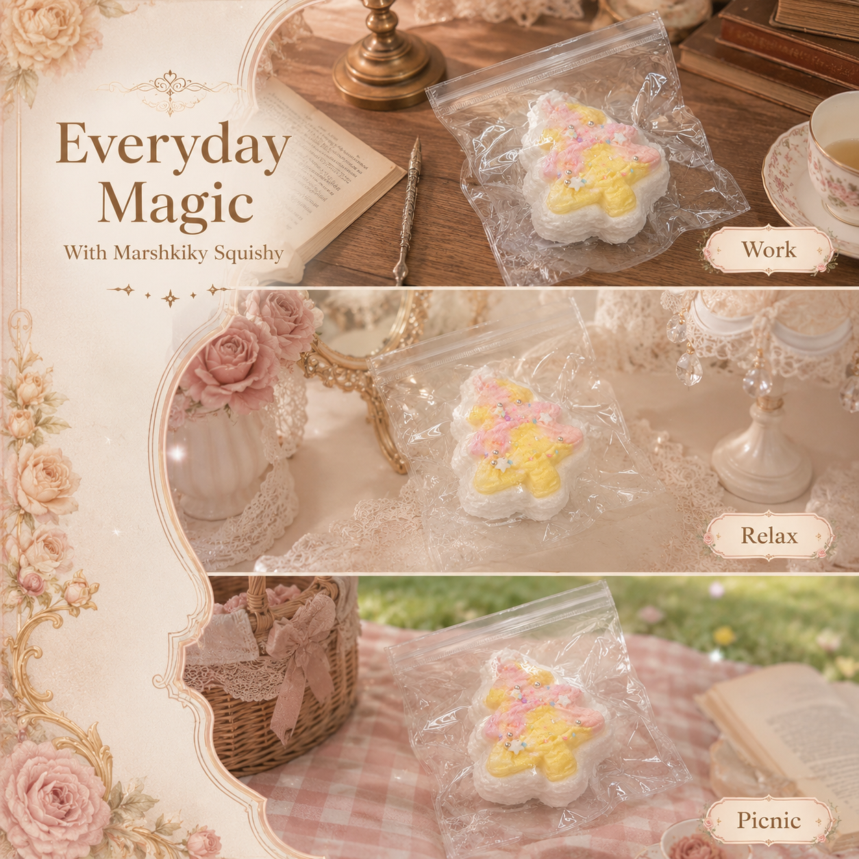 Marshkiky squishy toy used in various daily settings like work, relaxing, and a picnic.