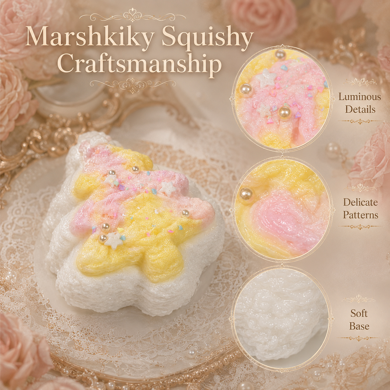 Zoomed-in craftsmanship details showing luminous pearls, delicate patterns, and soft base.