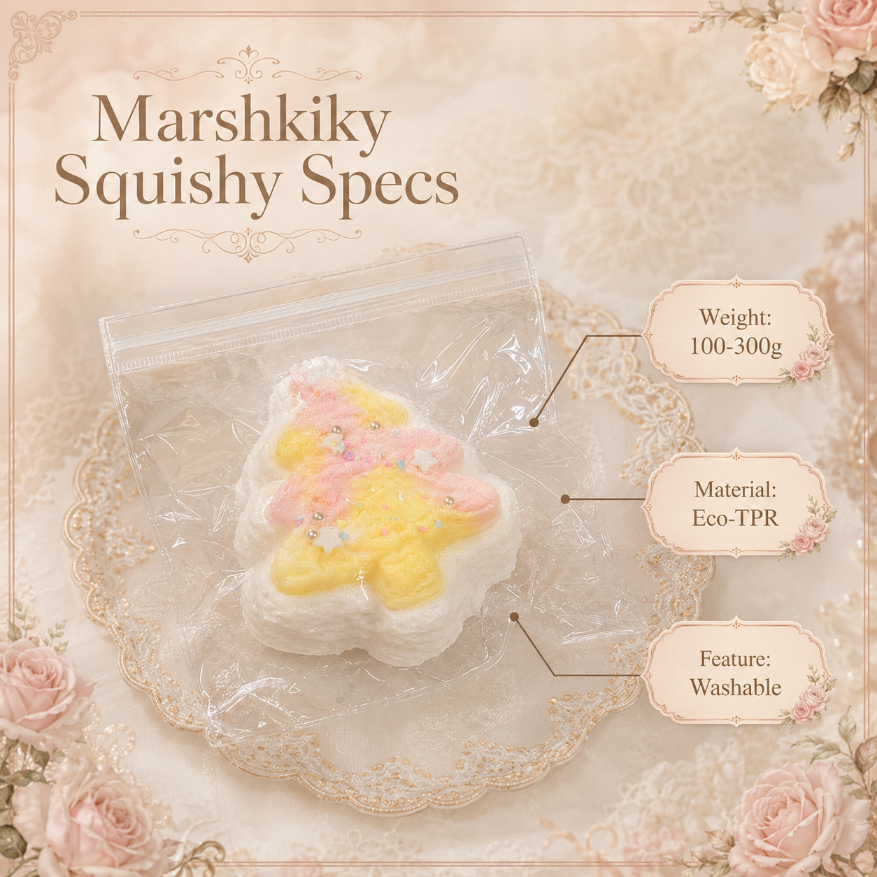 Product specifications for the washable Eco-TPR Marshkiky squishy weighing 100-300g.