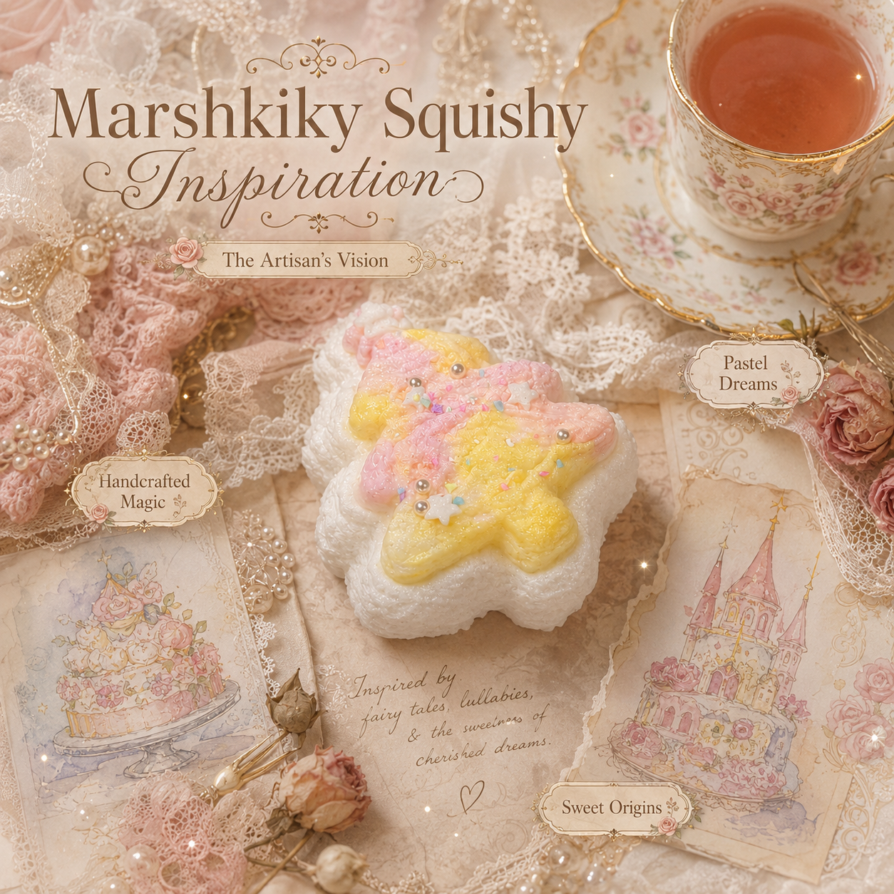 Fairy tale inspired pastel squishy toy surrounded by vintage artwork and a teacup.