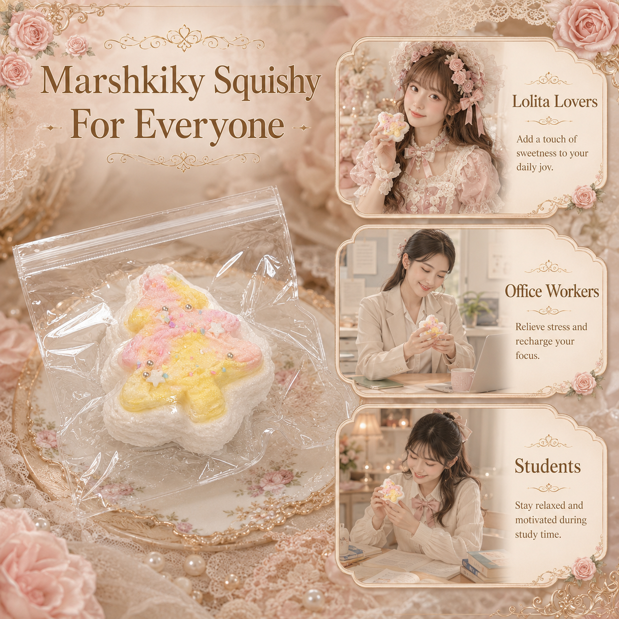 Marshkiky squishy toy for stress relief, perfect for Lolita lovers, students, and workers.