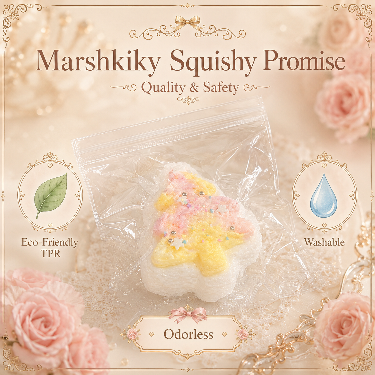 Quality promise showing the Marshkiky squishy toy is eco-friendly TPR, washable, and odorless.