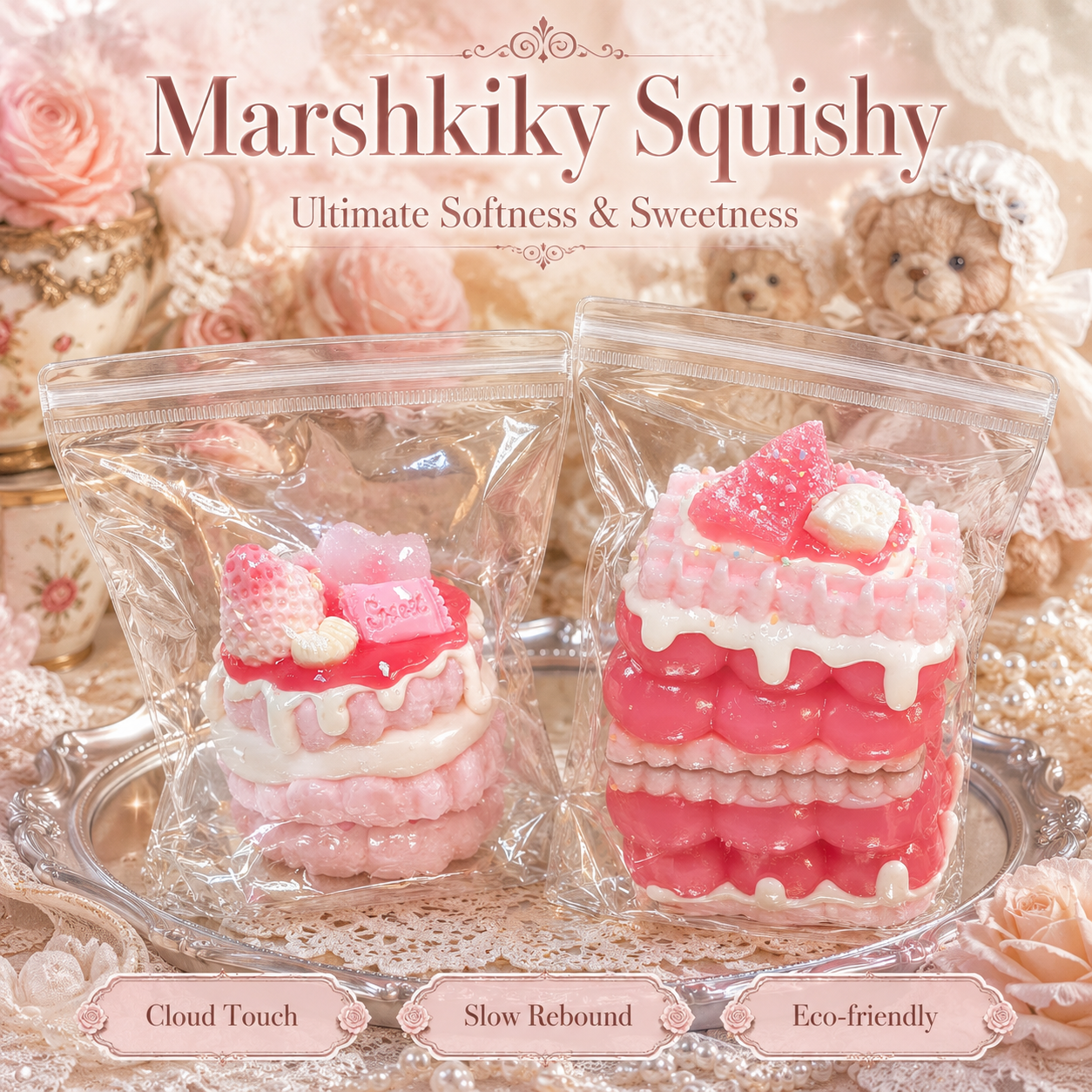 Two packaged pink cake squishies showing cloud touch, slow rebound, and eco-friendly features.