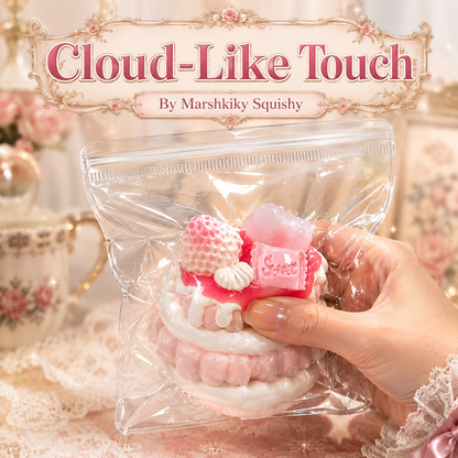 A hand squeezing the packaged round strawberry cake squishy demonstrating its cloud-like touch.