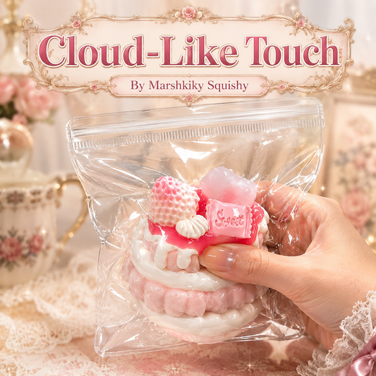 A hand squeezing the packaged round strawberry cake squishy demonstrating its cloud-like touch.