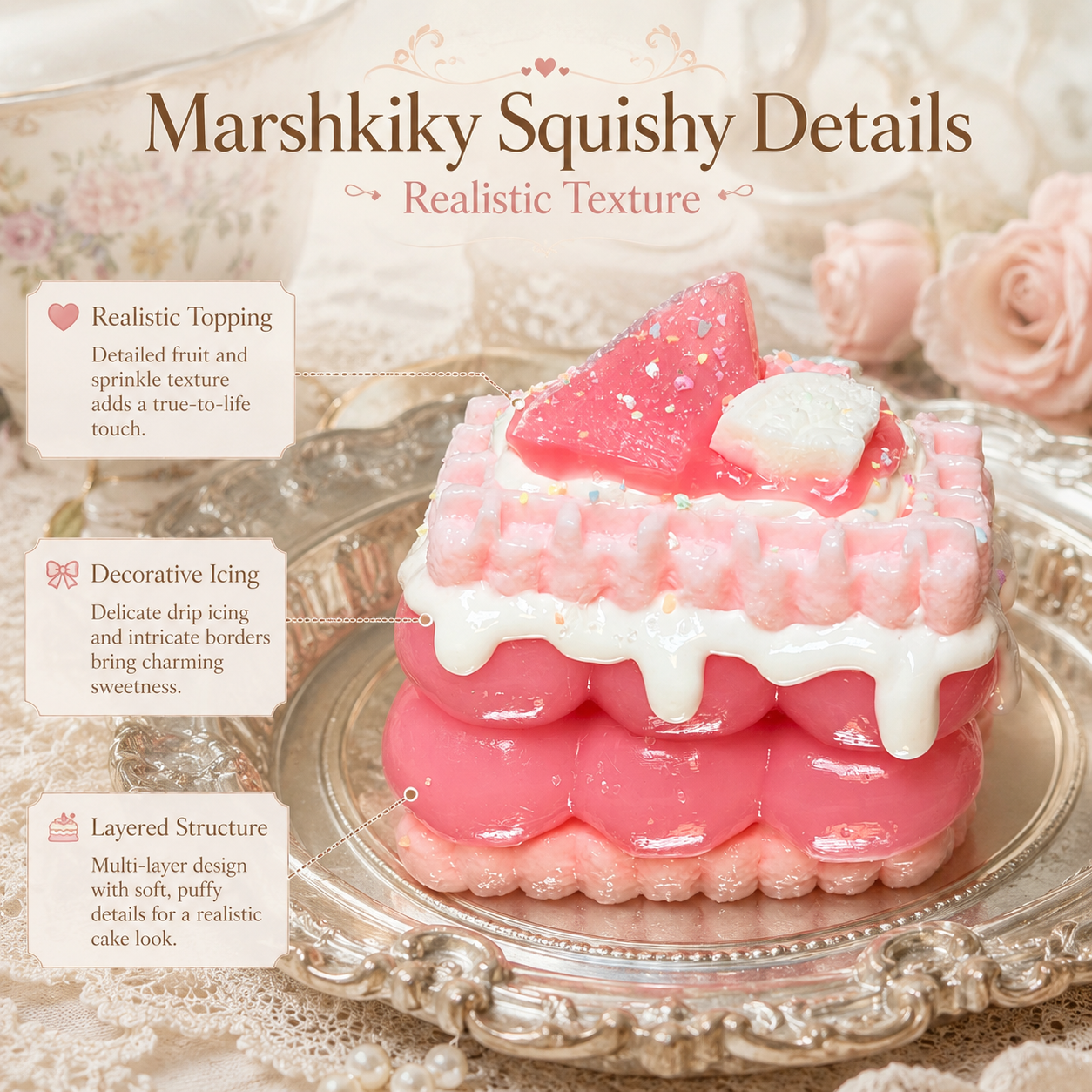 Detailed view of the square cake squishy highlighting realistic topping, decorative icing, and layered structure.