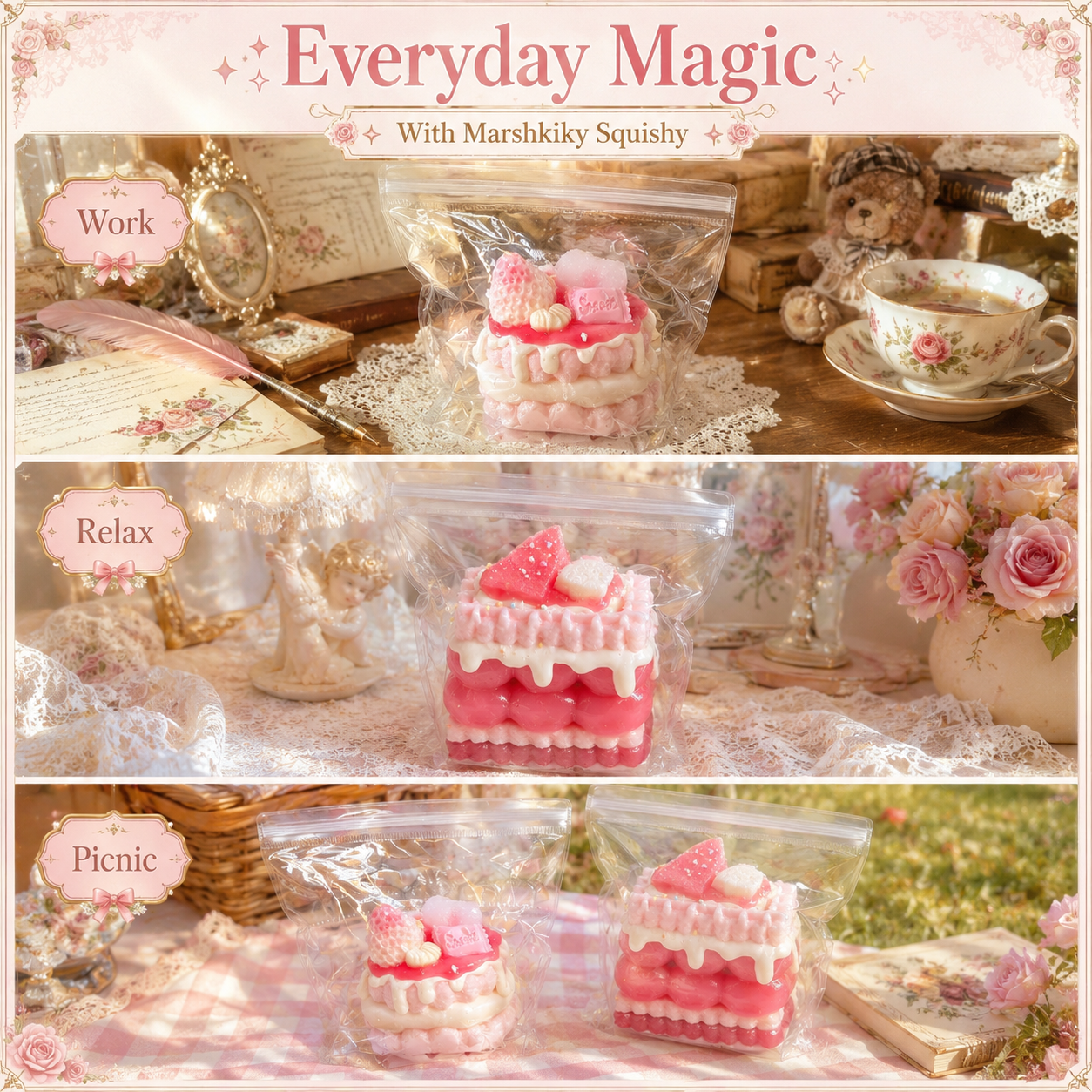 Marshkiky cake squishies displayed in three everyday magic lifestyle scenes: work, relax, and picnic.